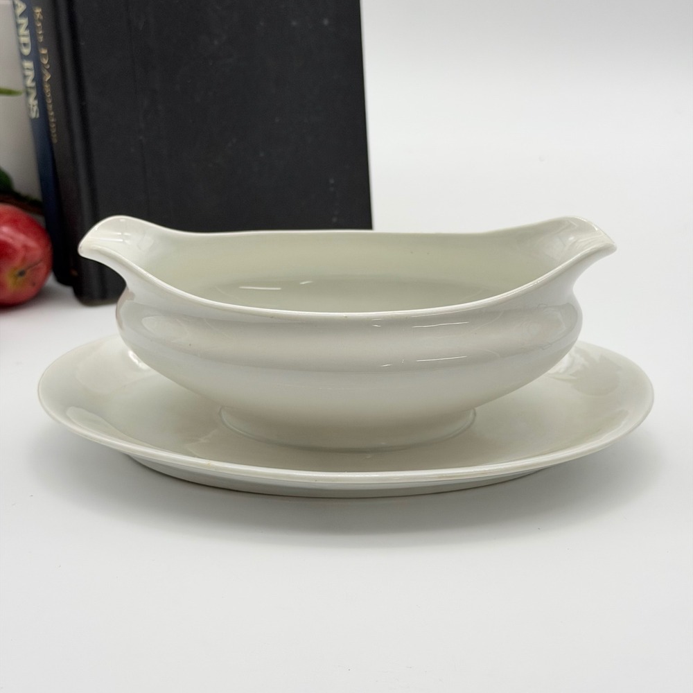 Vintage Warwick White Ironstone Gravy Boat Attached Underplate Double Spout